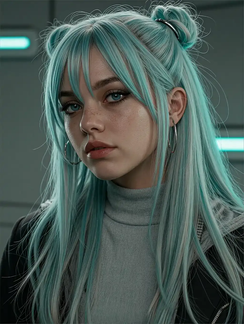 Fictional AI character featured on the fourth landing page, at night